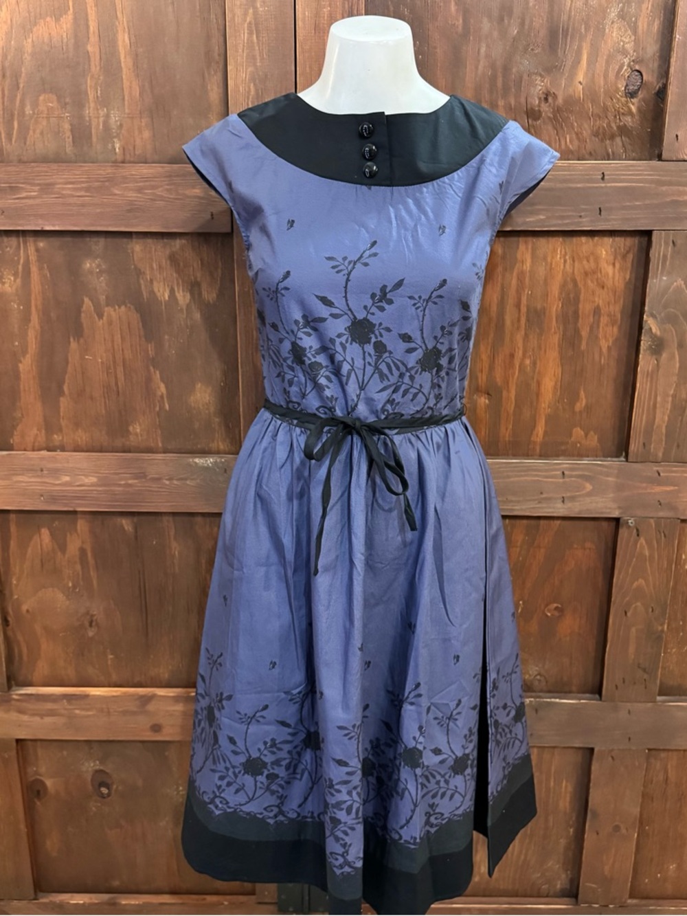 Purple Floral Midi Dress with Black Trim and Belt